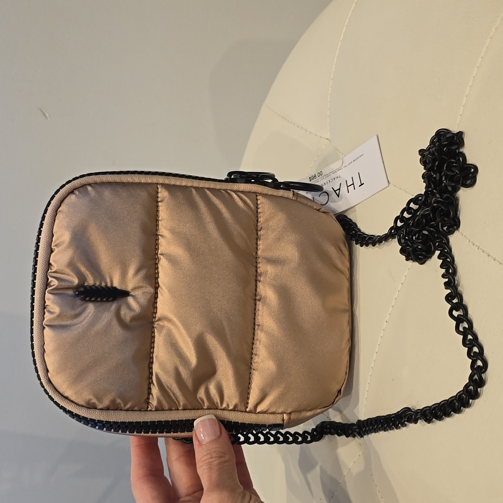 Thacker Puffer rose gold metallic Crossbody Phone Purse Case Black Chain New NYC